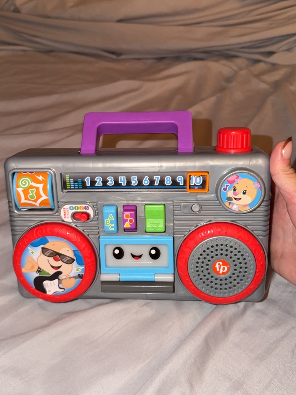 Fisher-Price Gray Boombox Toy with Purple Handle and Red Accents